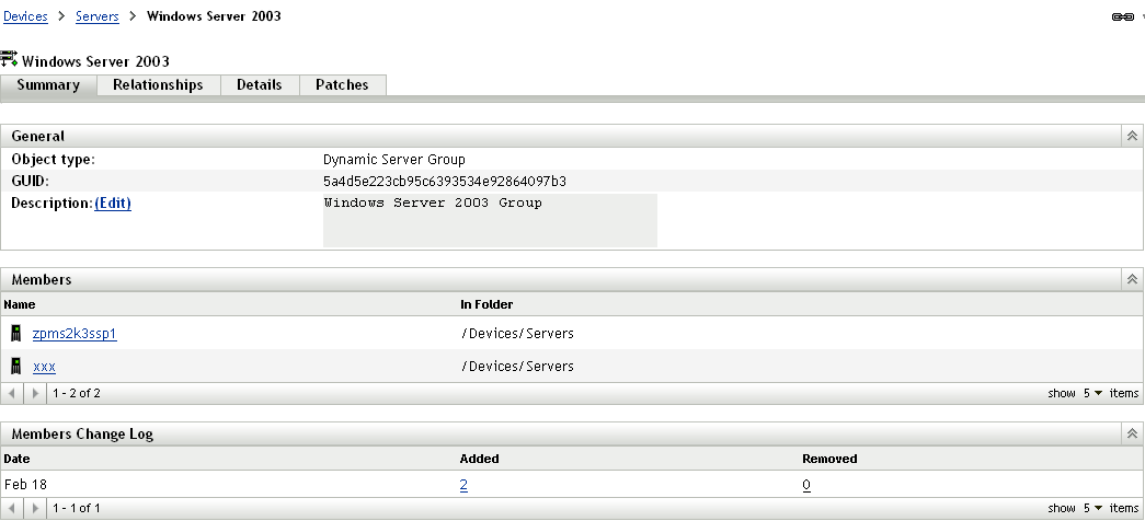 General details for Windows Server 2003