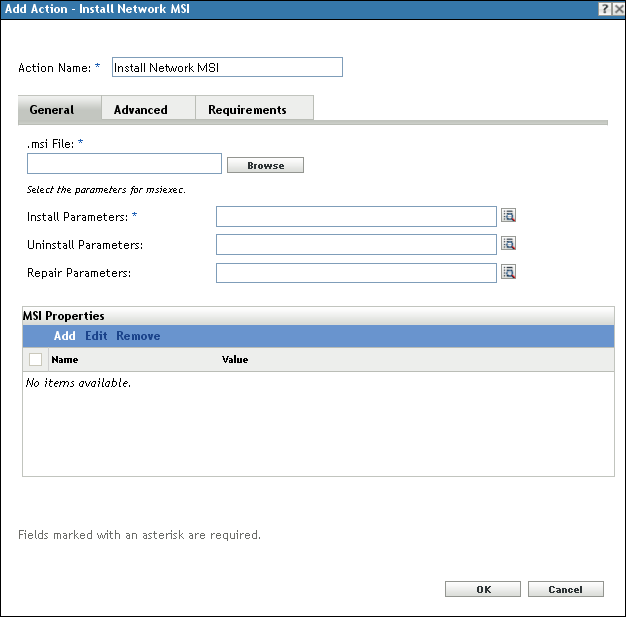 Action - Install Network MSI Dialog Box