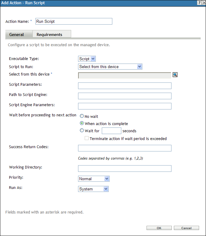 Action - Run Script Dialog Box with the Select From This Device option selected