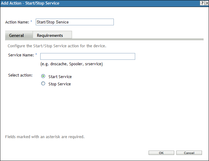 Action - Start/Stop Service Dialog Box