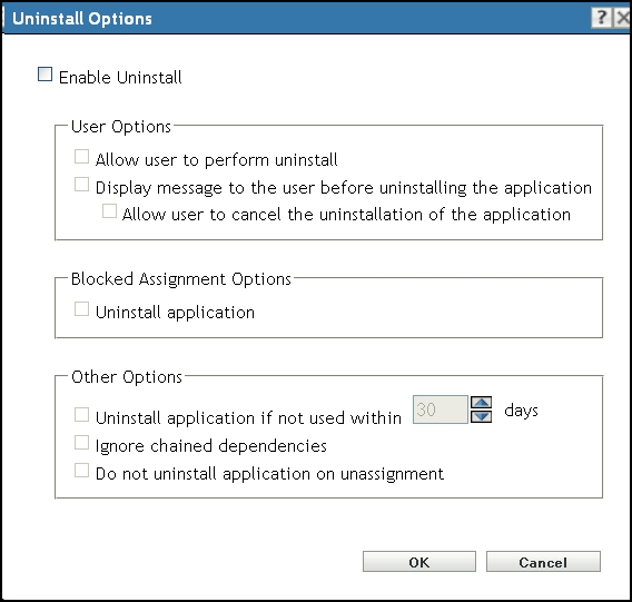 Action Set Options - Uninstall Options Dialog Box