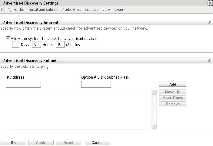 Advertised Discovery Settings panel