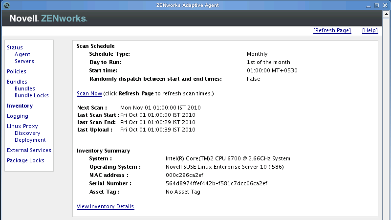 ZENworks Adaptive Agent Properties page > Inventory tab