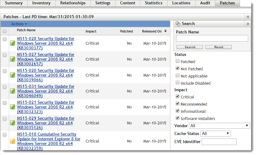 Vulnerabilities for a managed server device