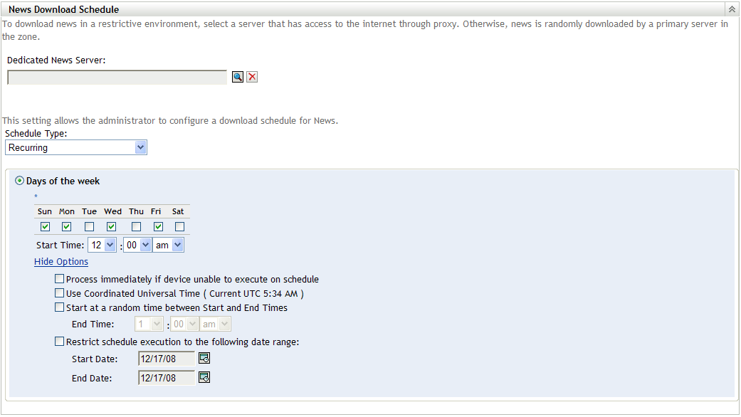 News Download Schedule Panel on ZENworks News Settings Page
