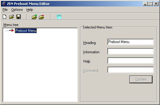 ZEN Preboot Services Menu Editor window.