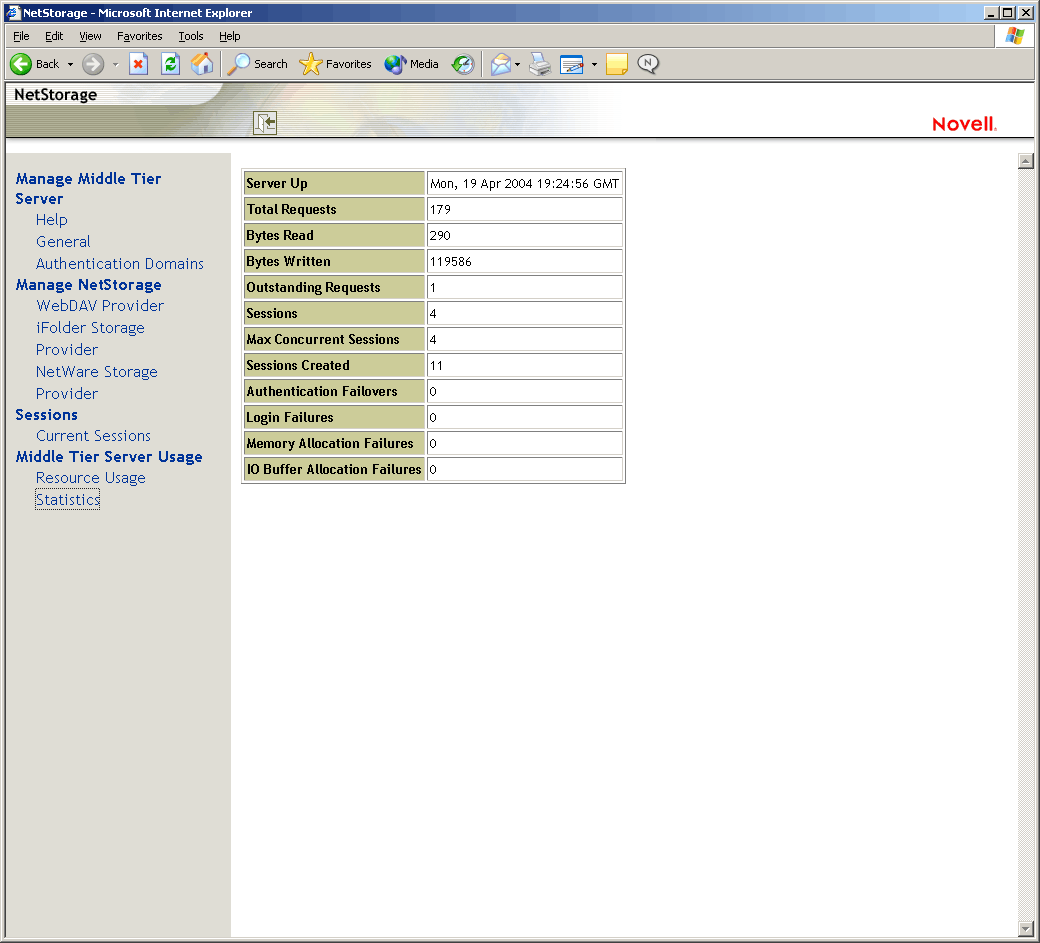 The Statistics page of the NSAdmin utility.