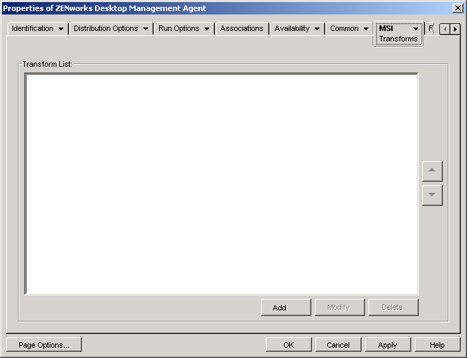 Application object > MSI tab > Transforms page