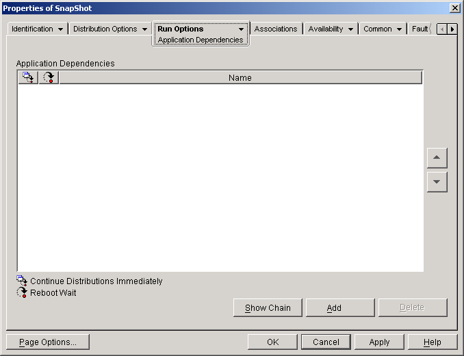 Application object > Run Options tab > Application Dependencies page