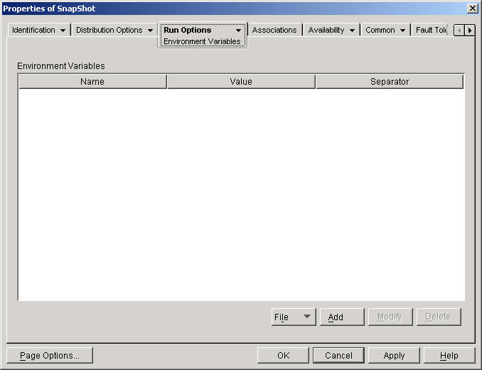 Application object > Run Options tab > Environment Variables page