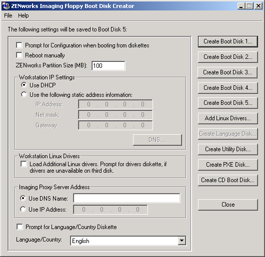 The ZENworks Imaging Floppy Boot Disk Creator dialog box.