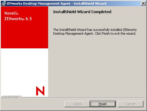 The Completion Page of the ZENworks Desktop Management Agent InstallShield wizard.