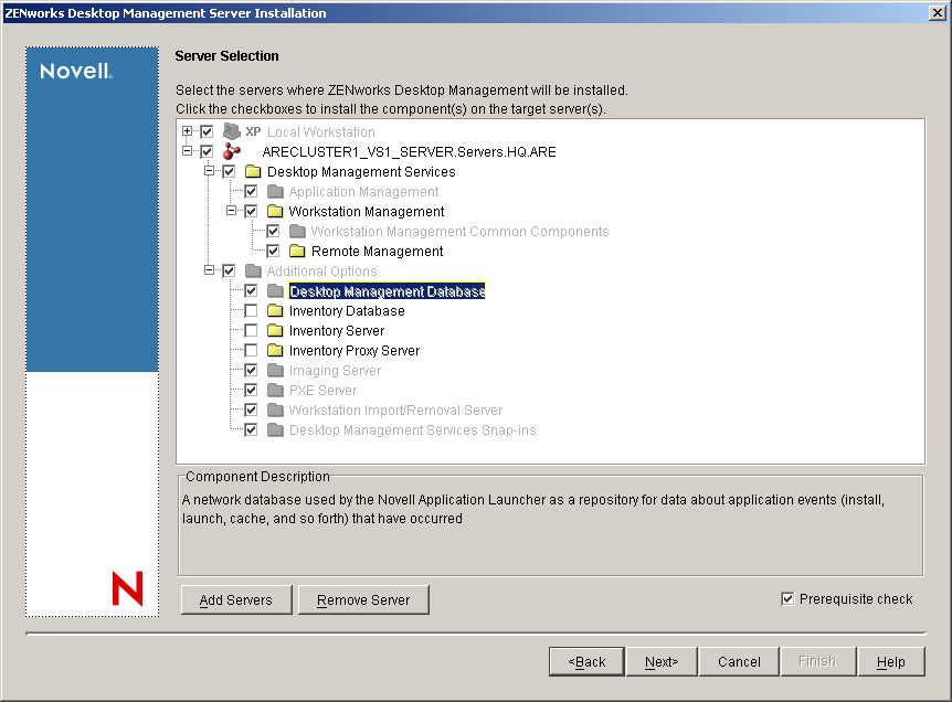 The Server Selection page of the ZENworks Desktop Management Services Installation Wizard. The available Desktop Management components are listed as installation options.