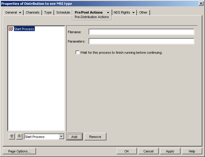 Pre-Post Actions > Pre-Distribution Actions properties page showing the Start Process option with the Filename and Parameters fields and a check box to wait for the process to finish before continuing.
