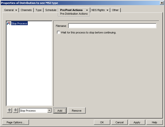 Pre-Post Actions > Pre-Distribution Actions properties page showing the Stop Process option with the Filename field and a check box to wait for the process to finish before continuing.