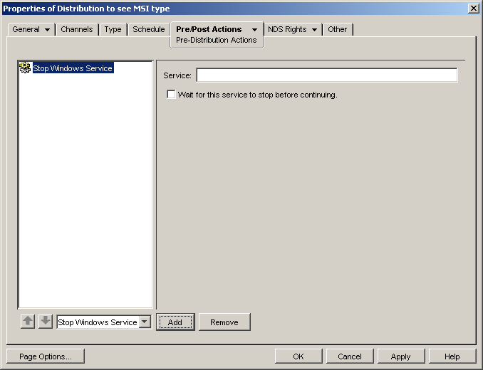 Pre-Post Actions > Pre-Distribution Actions properties page showing the Stop Windows Service option with the Service field and a check box to wait for the process to finish before continuing.