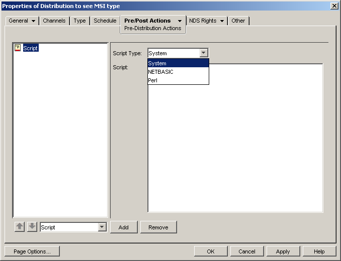 Pre-Post Actions > Pre-Distribution Actions properties page showing Script option with the Script Type field and a box for entering the script text.