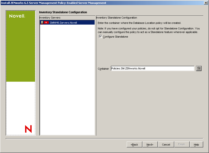 Inventory Standalone Configuration page.