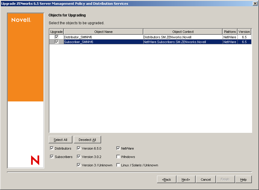 Select the Objects to Upgrade page