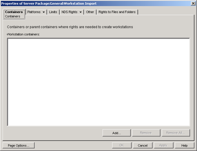 The Workstation Import policy's Containers page.