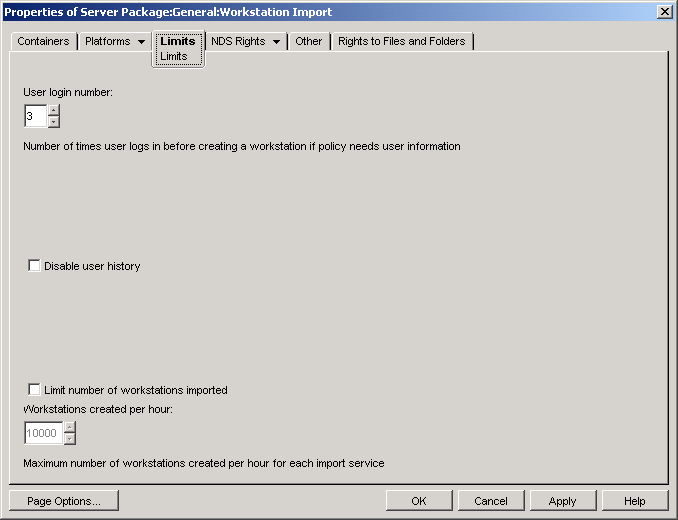 The Workstation Import policy's Limits page.