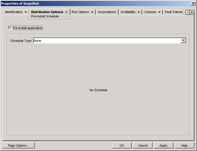 Application object Pre-Install Schedule page with the Schedule Type set to None