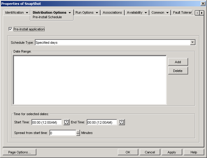 Application object Pre-Install page with Specified Days selected as the schedule type