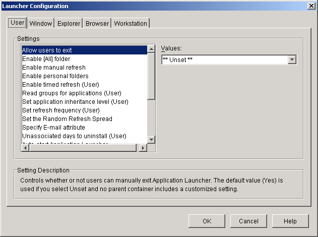 Launcher Configuration Settings page with the User tab displayed