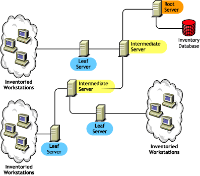 Leaf Servers that roll up the inventory information to Intermediate Server. The Intermediate Server roll up the inventory information to the Root Server.