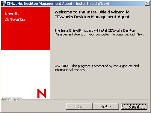 The ZENworks Desktop Management Agent Installation Wizard introduction page.