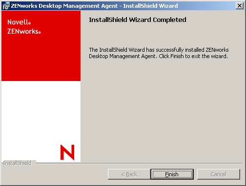 The Completion Page of the ZENworks Desktop Management Agent InstallShield wizard.