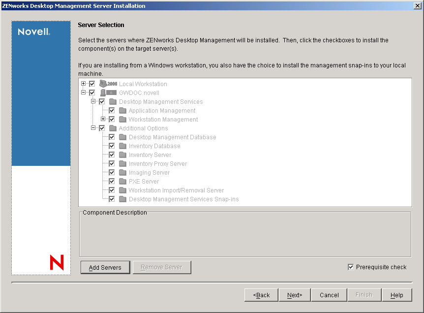 ZENworks 7 Desktop Management Server installation program, Server Selection page.