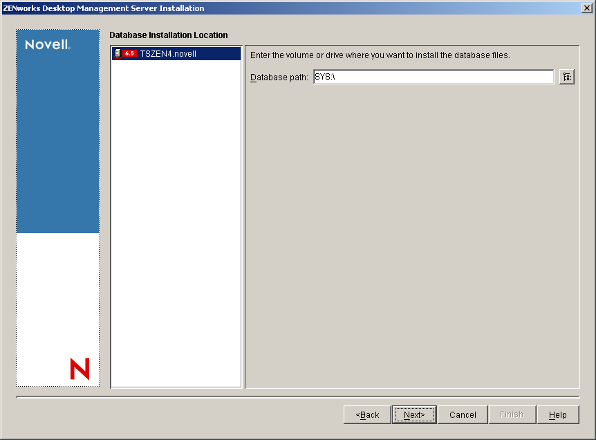 The Database Location Installation page of the ZENworks Desktop Management Installation Wizard.