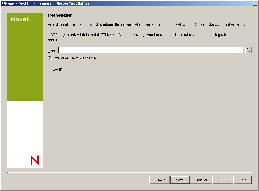 The Tree Selection page of the ZENworks Desktop Management Server Installation wizard.