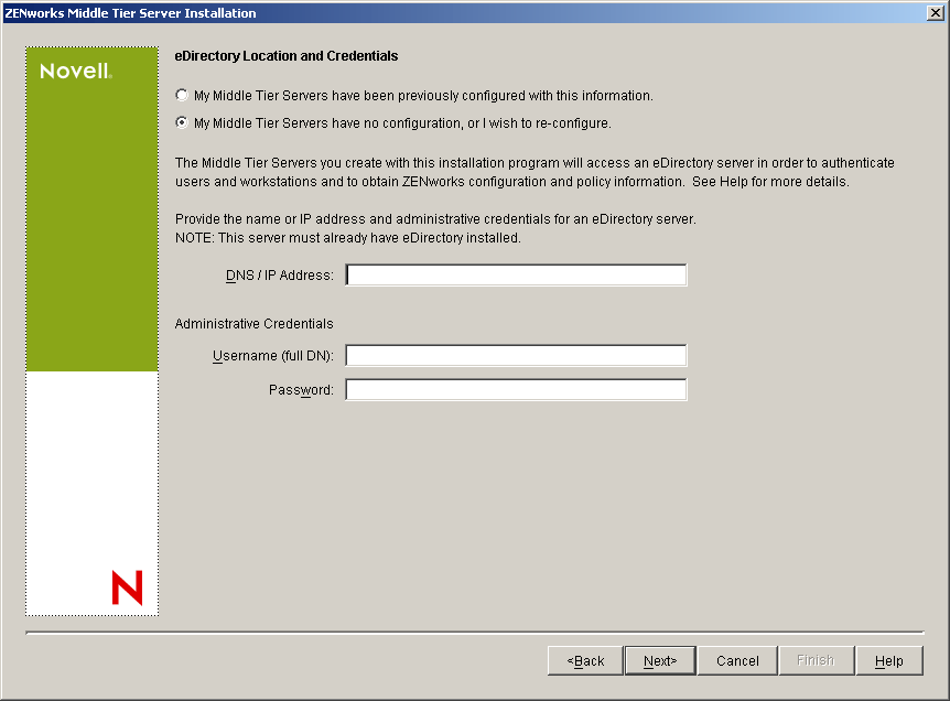 The Primary eDirectory Location and Credentials page of the ZENworks Middle Tier Server Installation wizard.