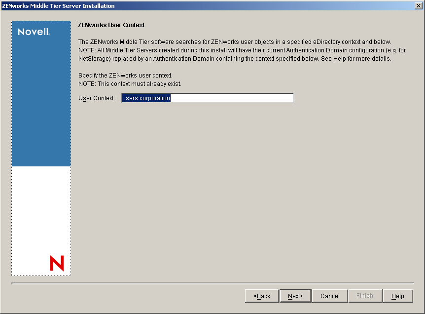 The ZENworks User Context page of the ZENworks Middle Tier Installation wizard.