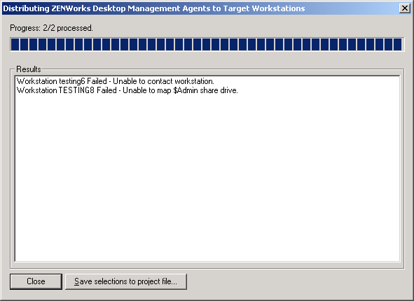 Distributing ZENworks Desktop Management Agents to Target Workstations dialog box.