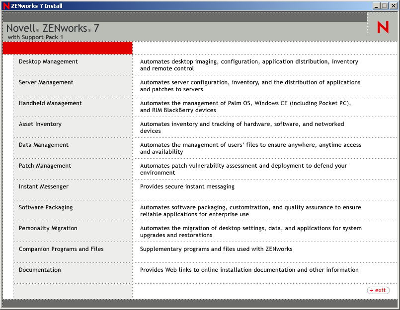 Screen shot of the opening page of the ZENworks installation program, showing the general installation options.