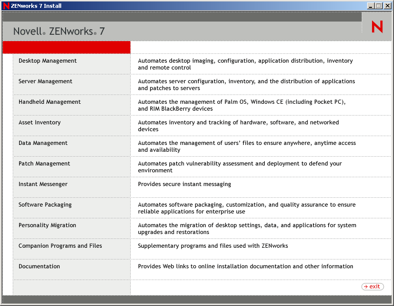 The opening page of the ZENworks installation program, showing the general installation options.