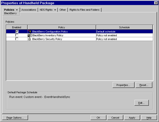 Property page Handheld Package in which the BlackBerry Configuration Policy is selected