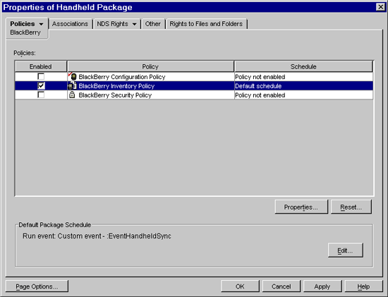 Property page Handheld Package in which the BlackBerry Configuration Policy is selected