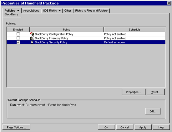 Property page Handheld Package in which the BlackBerry Configuration Policy is selected