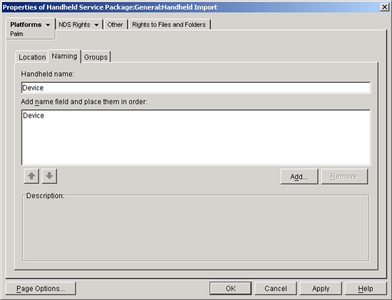Properties of Handheld Service dialog box with the Naming page displayed