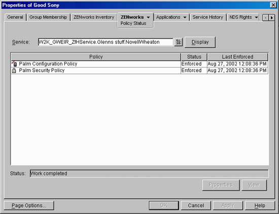 Properties of a handheld device object with the Policy Status displayed