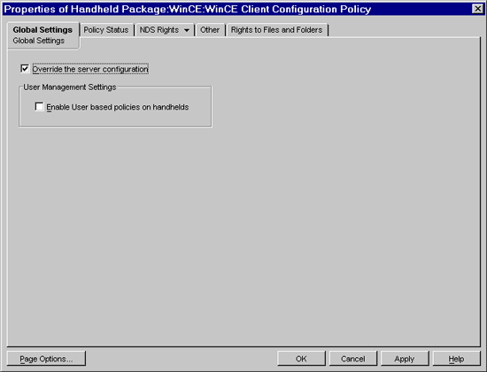 Palm Client Configuration policy - Global Settings page