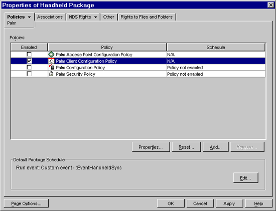 Palm Client Configuration policy selection page