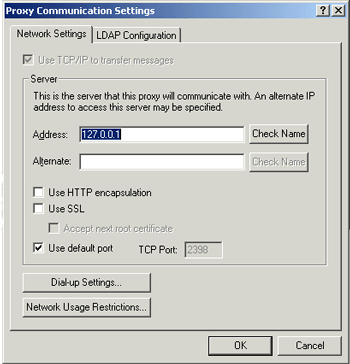 Proxy Server Communications Settings dialog box