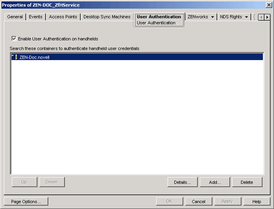 Properties of the ZENworks Handheld Management Service object User Authentication page