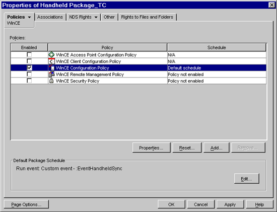 Windows CE Configuration policy selection page