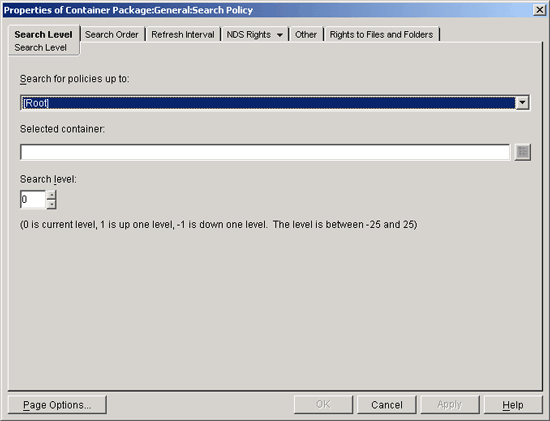 Properties of Container Package dialog box with the Search Level page displayed